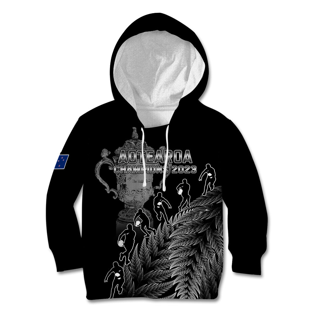 Custom New Zealand Silver Fern Rugby Kid Hoodie All Black Go Champions 2023 With Trophy Proud - Wonder Print Shop