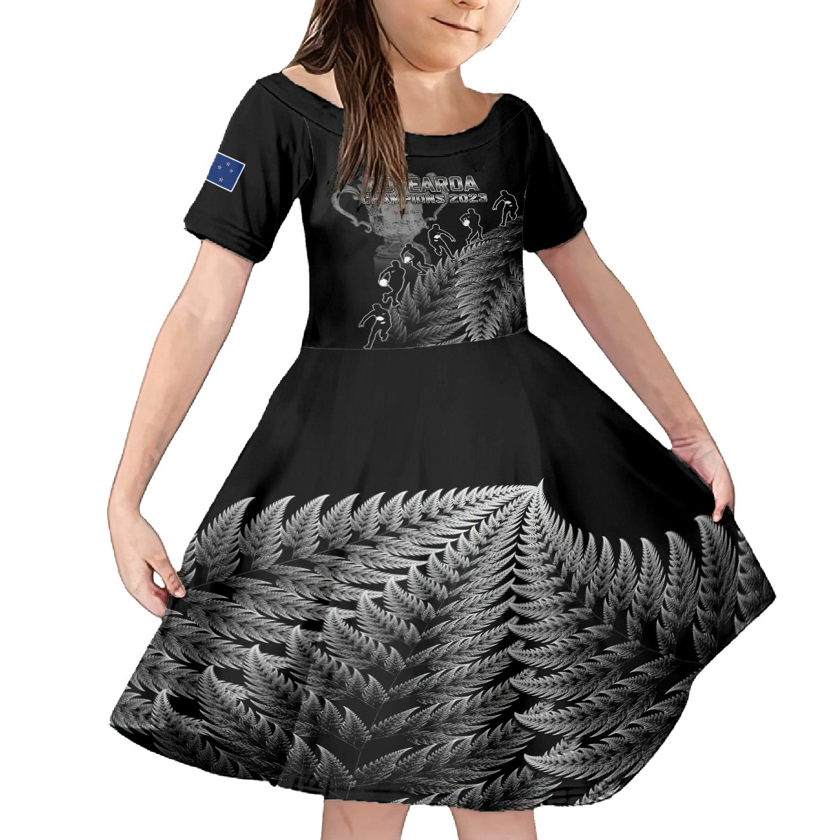 Custom New Zealand Silver Fern Rugby Kid Short Sleeve Dress All Black Go Champions 2023 With Trophy Proud - Wonder Print Shop