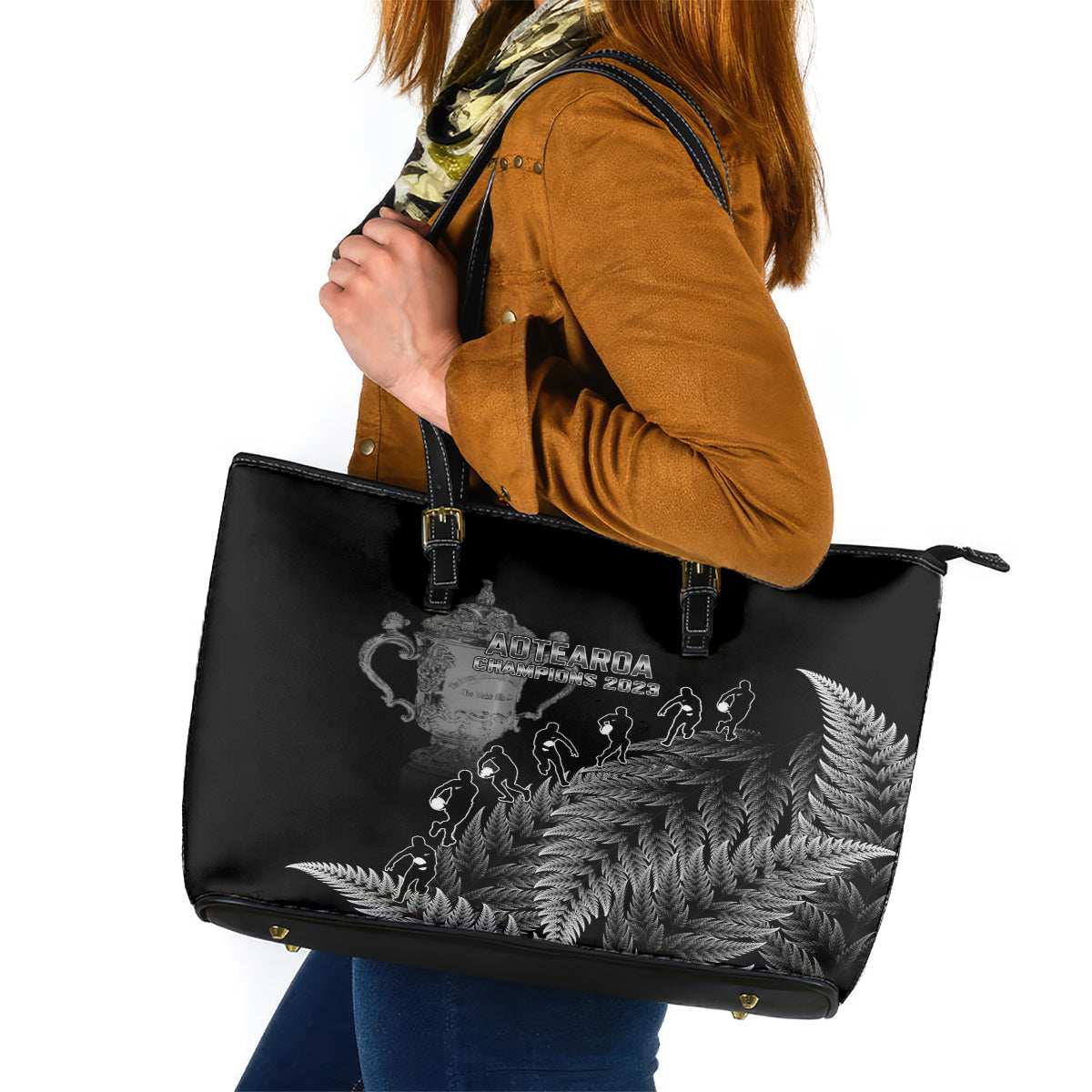 Custom New Zealand Silver Fern Rugby Leather Tote Bag All Black Go Champions 2023 With Trophy Proud - Wonder Print Shop