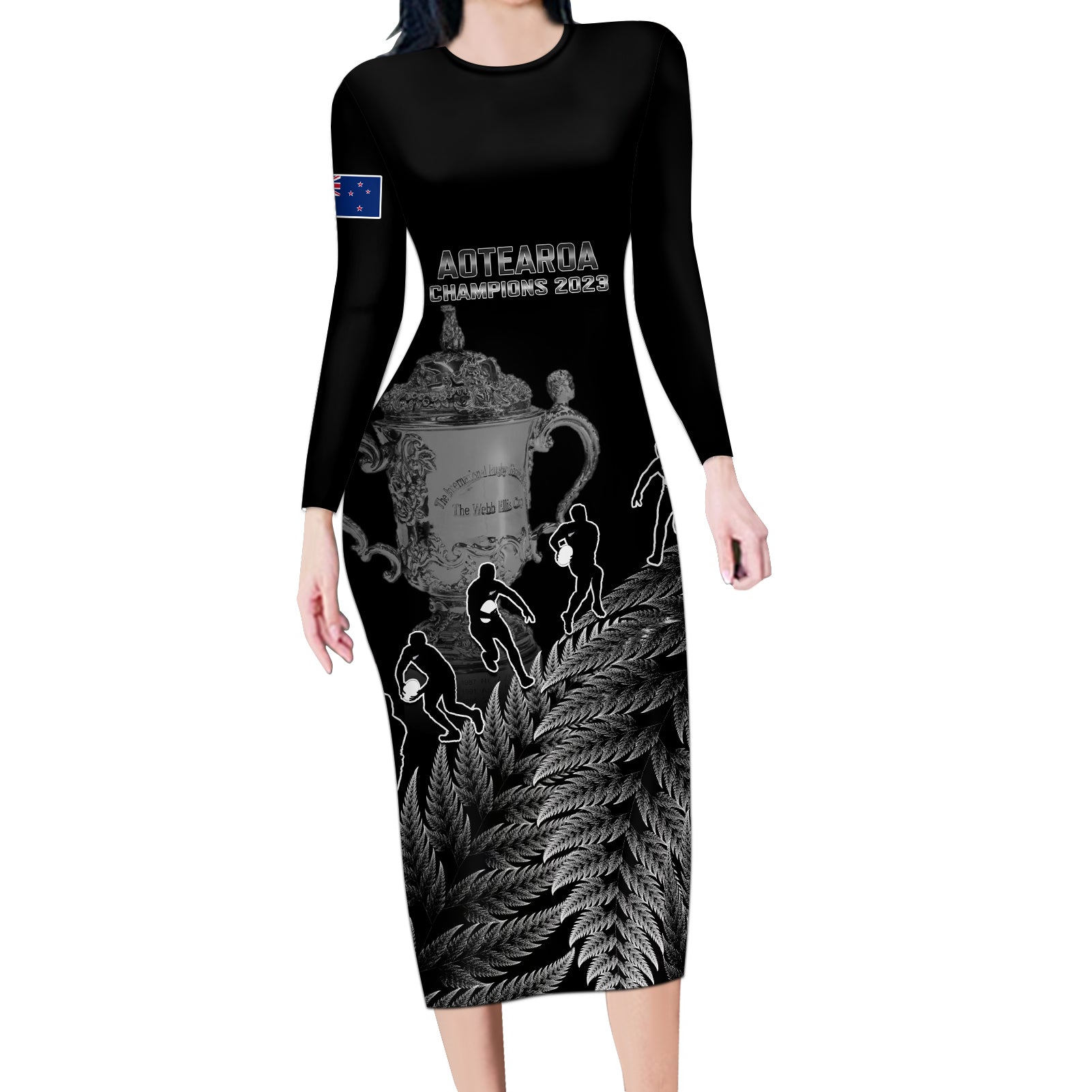 Custom New Zealand Silver Fern Rugby Long Sleeve Bodycon Dress All Black Go Champions 2023 With Trophy Proud - Wonder Print Shop