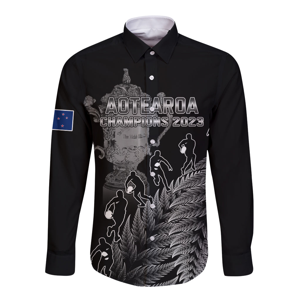 Custom New Zealand Silver Fern Rugby Long Sleeve Button Shirt All Black Go Champions 2023 With Trophy Proud - Wonder Print Shop