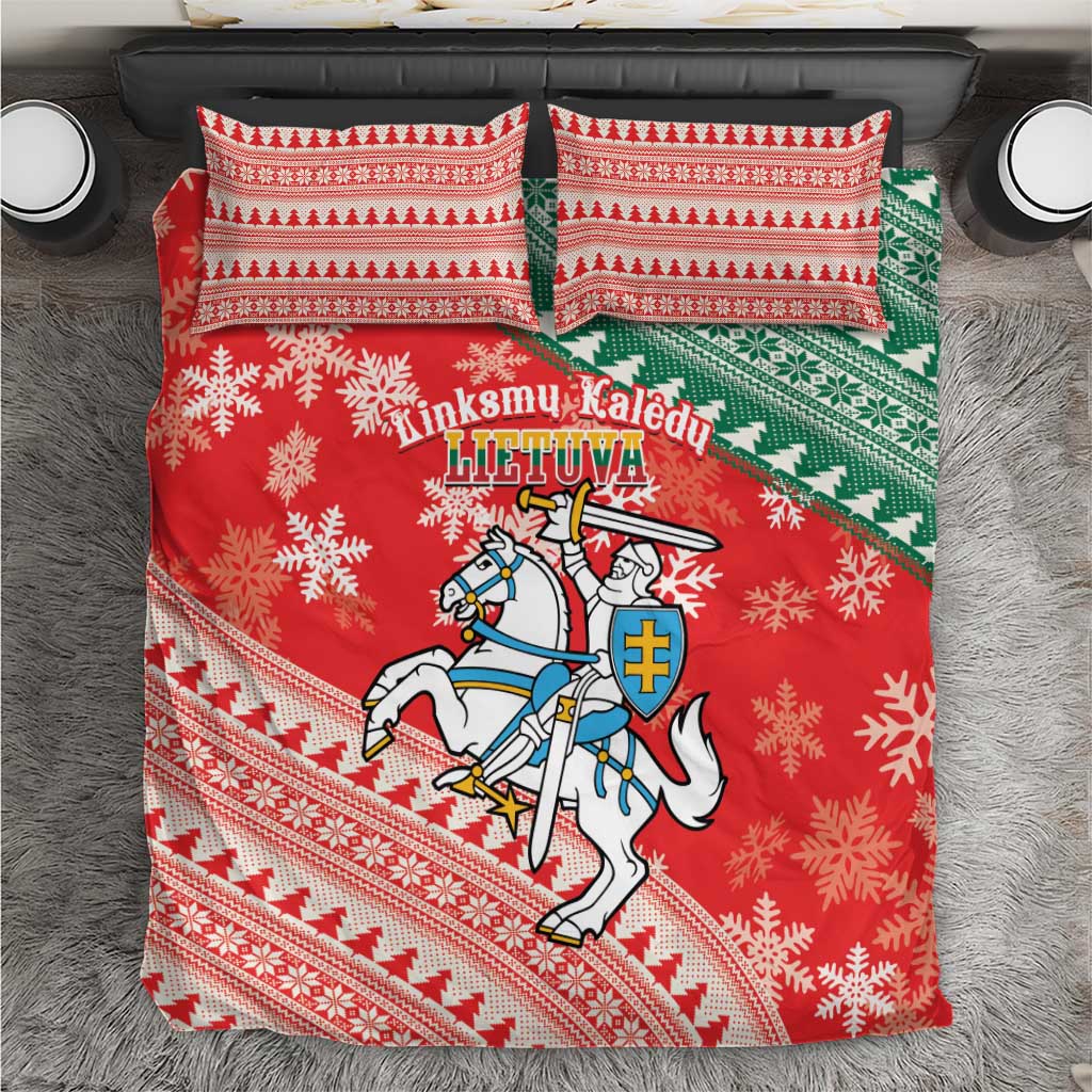 Red and green Lithuania themed Christmas bedding set with knight crest and snowflake pattern