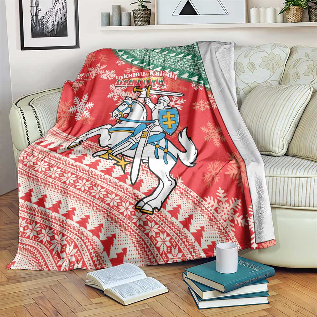 Red and green Lithuania Christmas blanket with horse rider, coat-of-arms shield, snowflake print