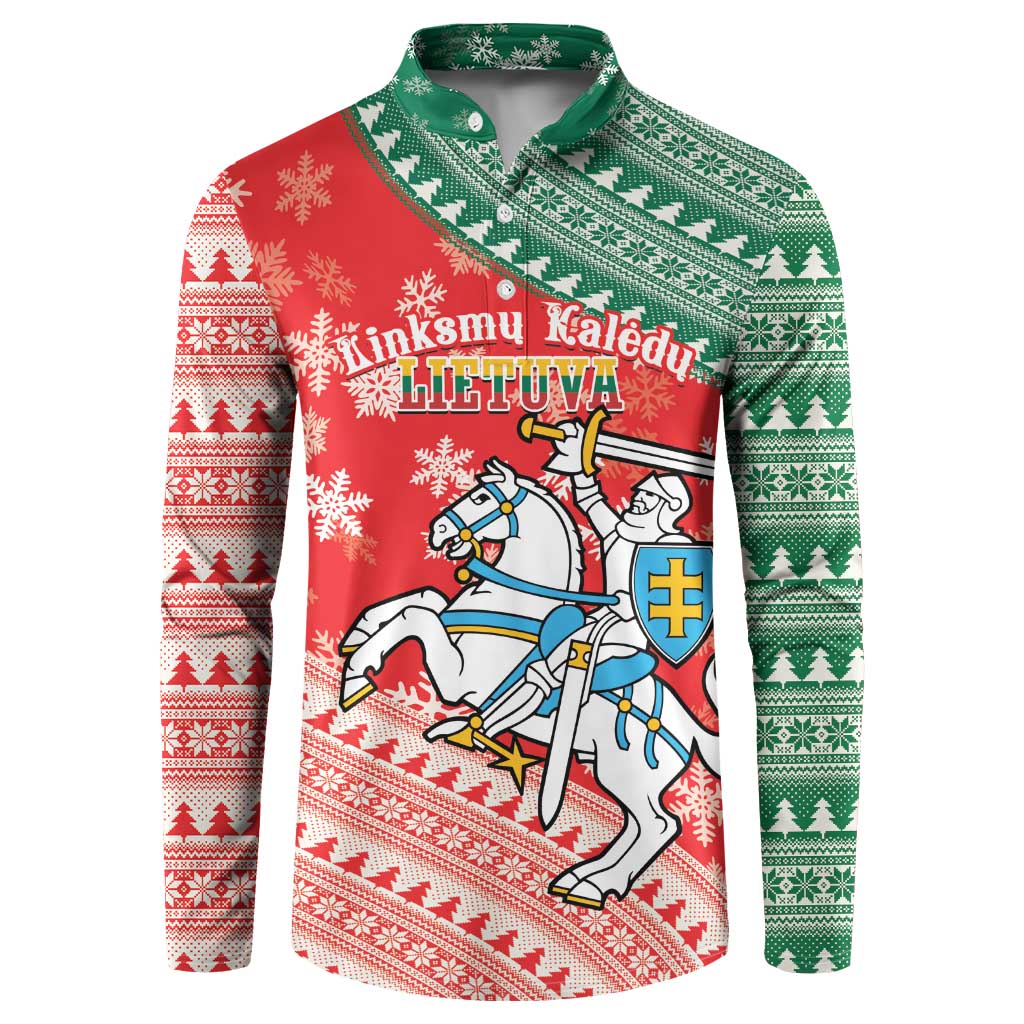 Lithuania Christmas button sweatshirt in red and green with horse rider crest graphic