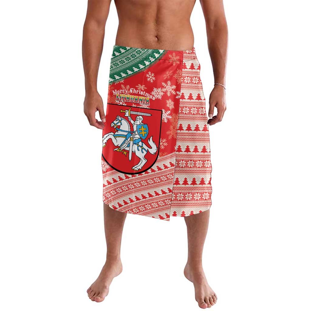 Red Christmas lava lava sarong skirt with coat of arms shield, snowflakes and trees