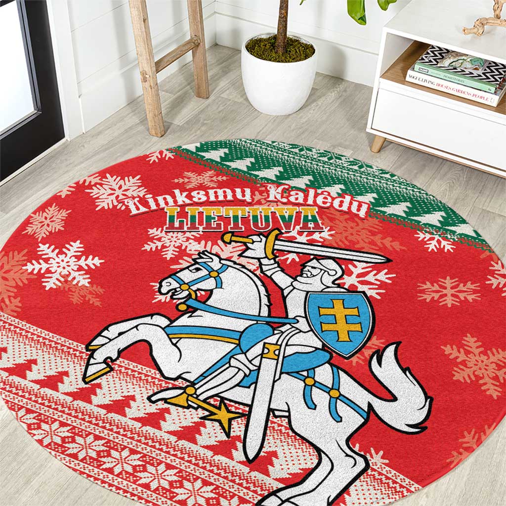 Red round Christmas rug with green border, Lithuania coat of arms and knight graphic
