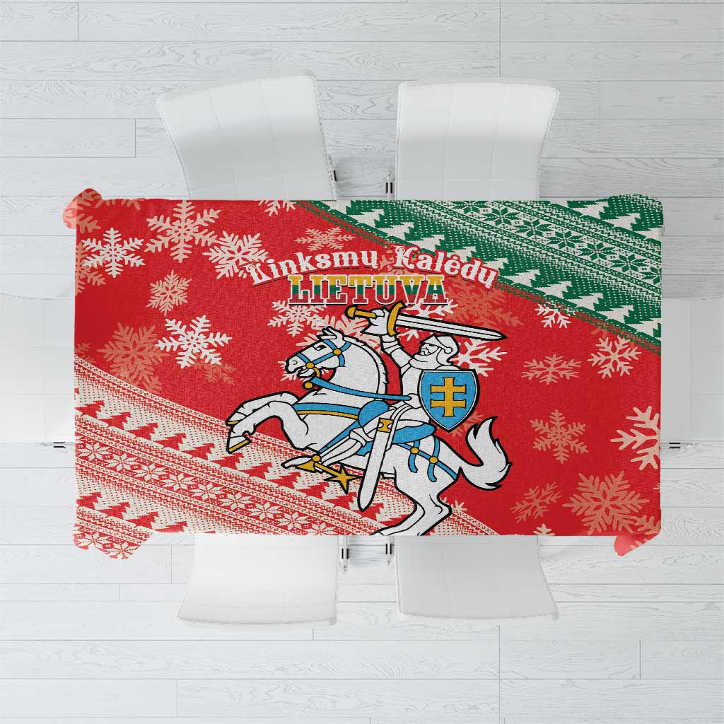 Red Christmas tablecloth with snowflake and coat-of-arms style graphic, green border
