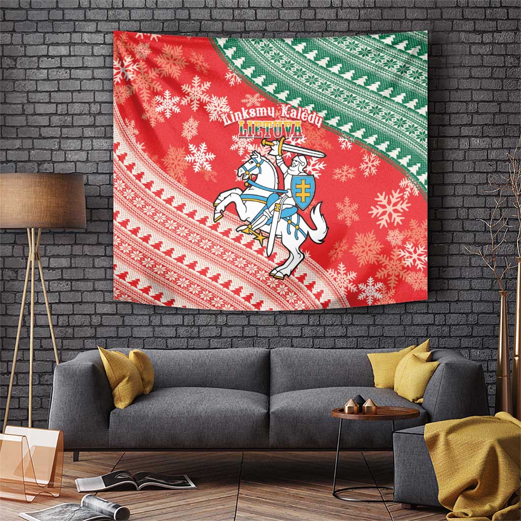 Christmas tapestry with coat of arms, red snowflake pattern, green border and rider on horse