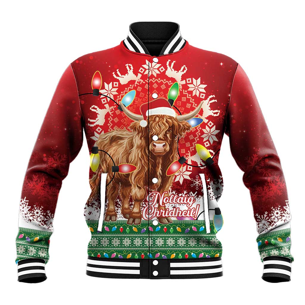 Red baseball jacket with Highland cow Santa graphic, striped ribbed collar and cuffs