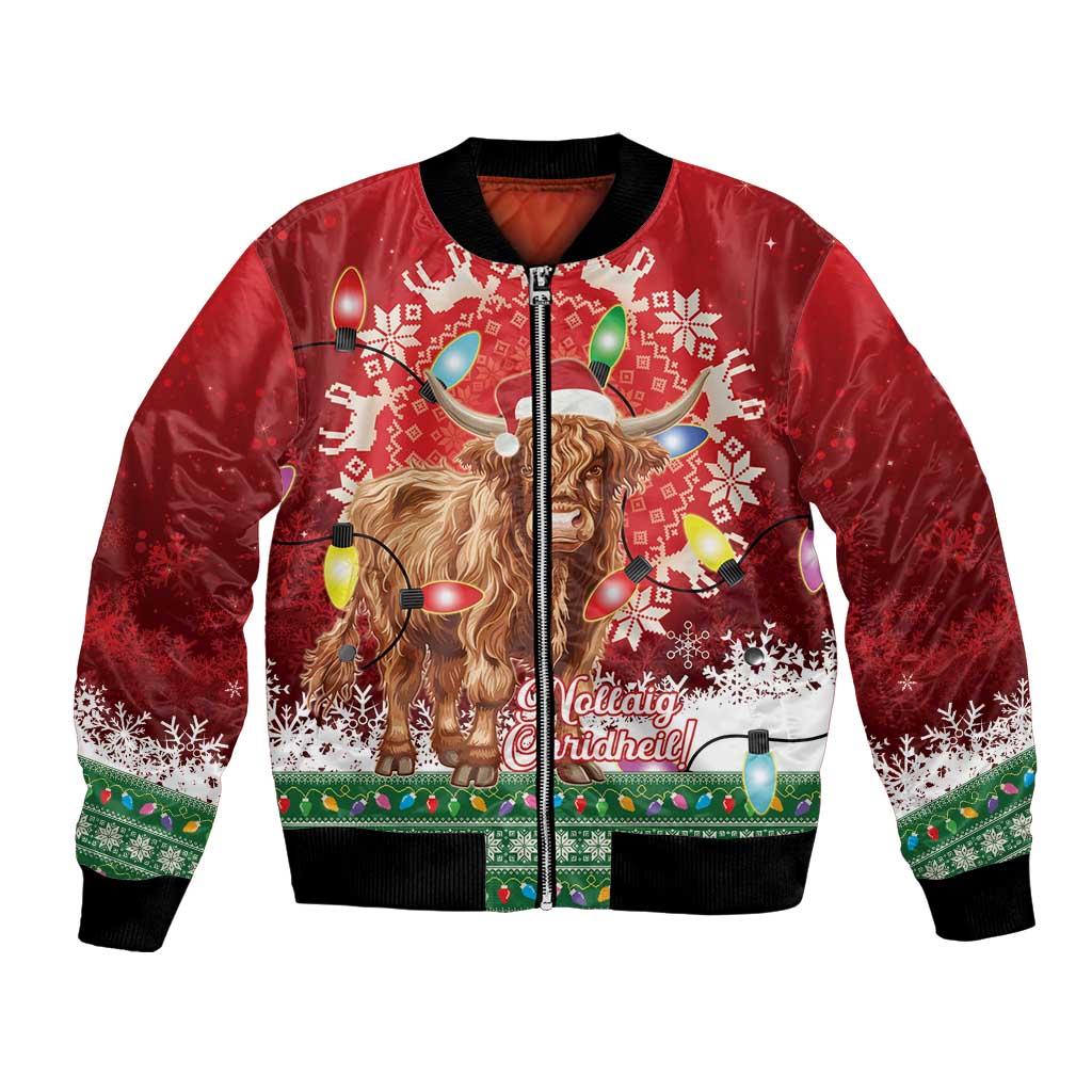 Red unisex bomber jacket with Highland cow wearing Santa hat, festive lights and snowflakes