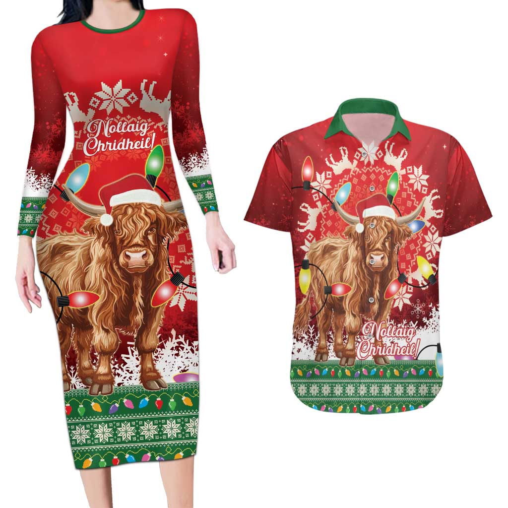 Scotland Christmas Couples Matching Long Sleeve Bodycon Dress and Hawaiian Shirt Highland Cow Santa - Nollaig Chridheil! - Wonder Print Shop