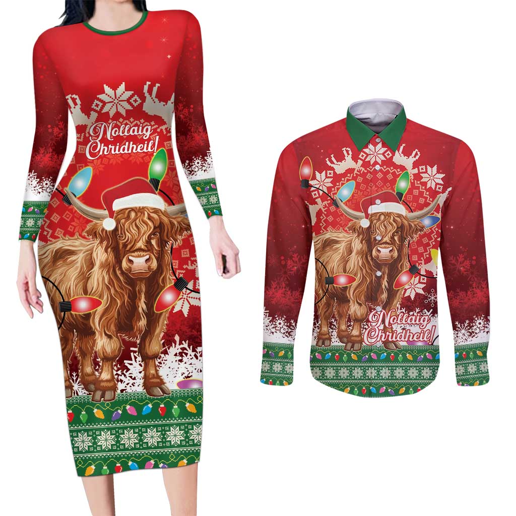 Scotland Christmas Couples Matching Long Sleeve Bodycon Dress and Long Sleeve Button Shirt Highland Cow Santa - Nollaig Chridheil! - Wonder Print Shop