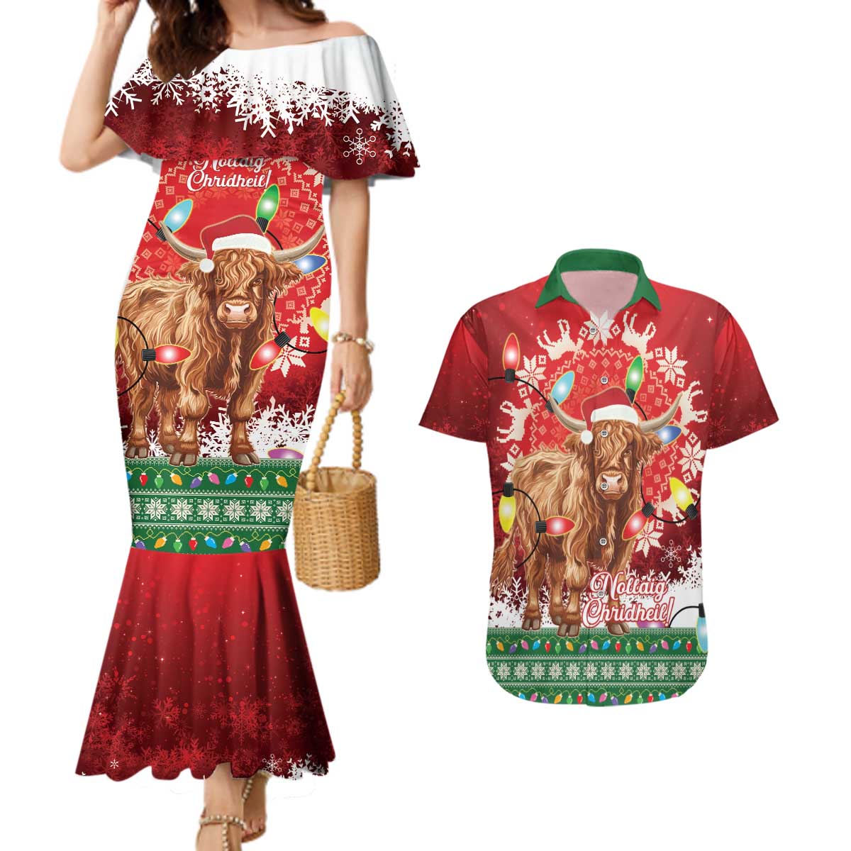 Scotland Christmas Couples Matching Mermaid Dress and Hawaiian Shirt Highland Cow Santa - Nollaig Chridheil! - Wonder Print Shop