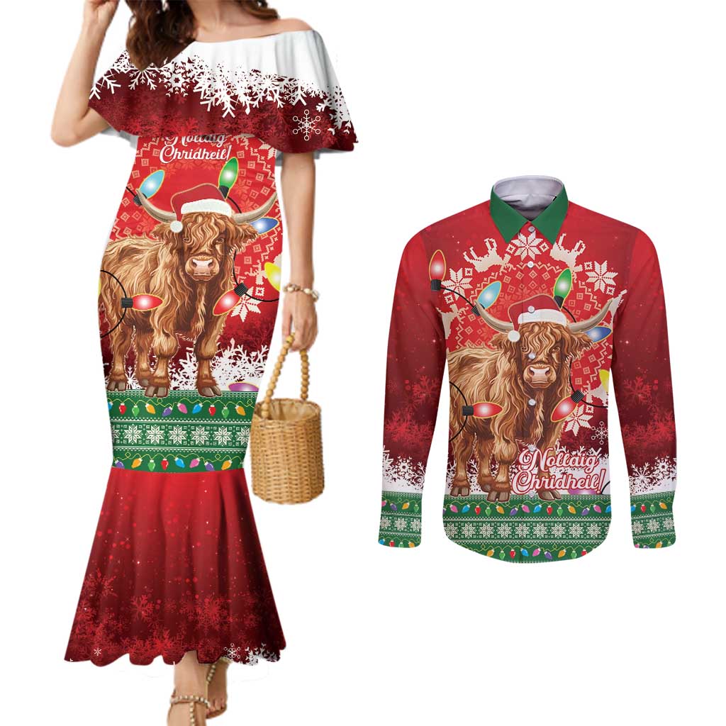 Scotland Christmas Couples Matching Mermaid Dress and Long Sleeve Button Shirt Highland Cow Santa - Nollaig Chridheil!