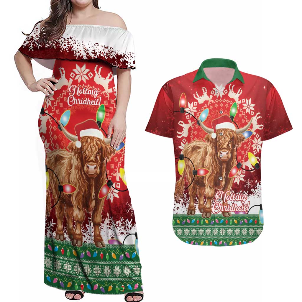 Scotland Christmas Couples Matching Off Shoulder Maxi Dress and Hawaiian Shirt Highland Cow Santa - Nollaig Chridheil! - Wonder Print Shop