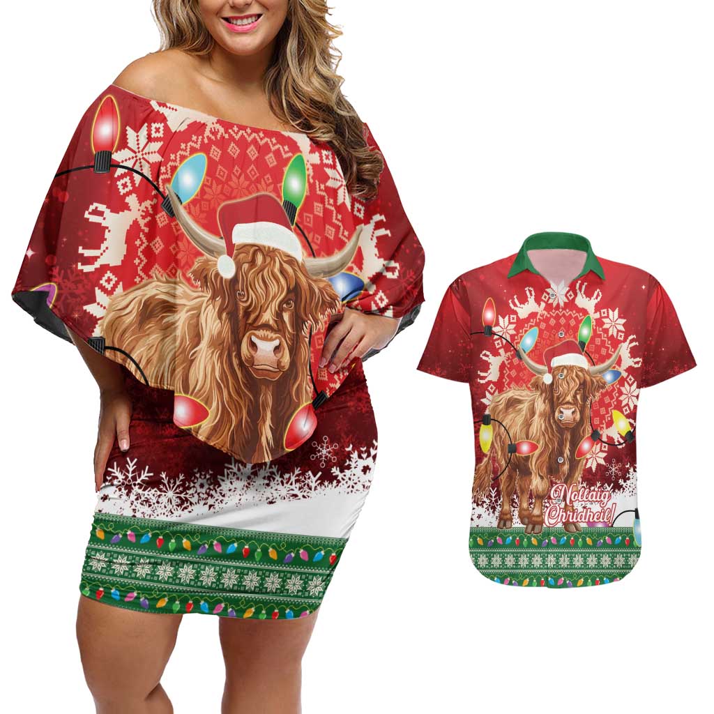 Scotland Christmas Couples Matching Off Shoulder Short Dress and Hawaiian Shirt Highland Cow Santa - Nollaig Chridheil! - Wonder Print Shop