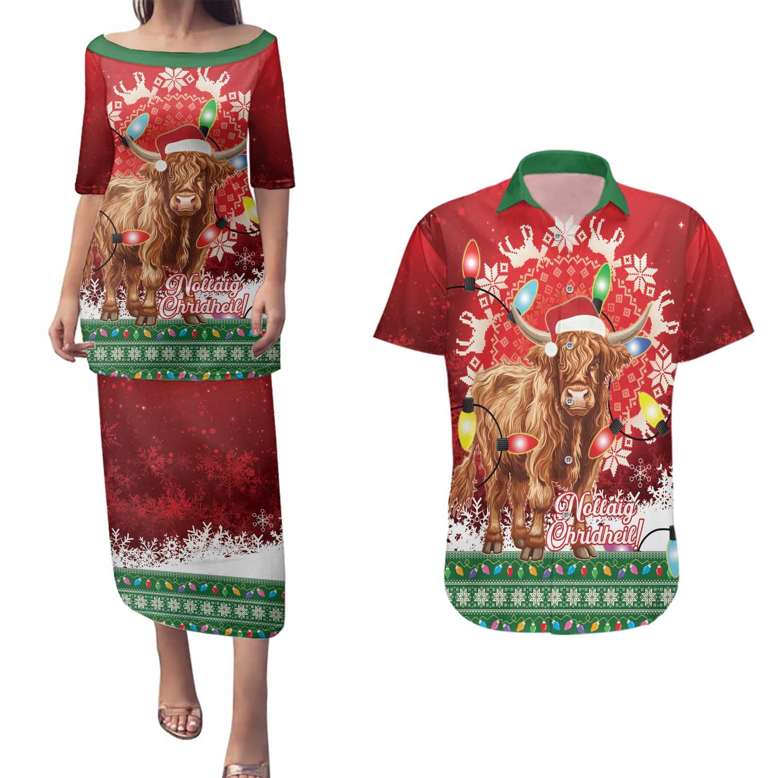 Scotland Christmas Couples Matching Puletasi and Hawaiian Shirt Highland Cow Santa - Nollaig Chridheil! - Wonder Print Shop