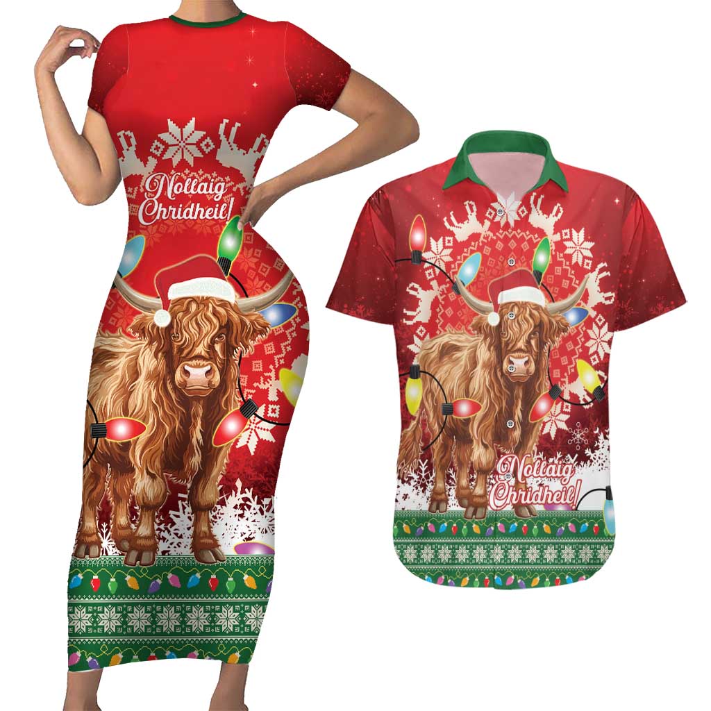 Scotland Christmas Couples Matching Short Sleeve Bodycon Dress and Hawaiian Shirt Highland Cow Santa - Nollaig Chridheil! - Wonder Print Shop