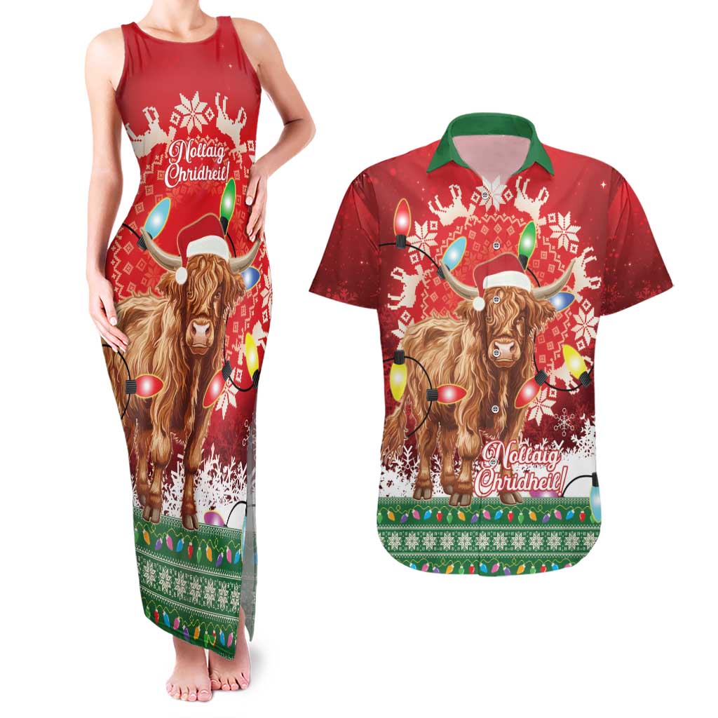 Scotland Christmas Couples Matching Tank Maxi Dress and Hawaiian Shirt Highland Cow Santa - Nollaig Chridheil! - Wonder Print Shop