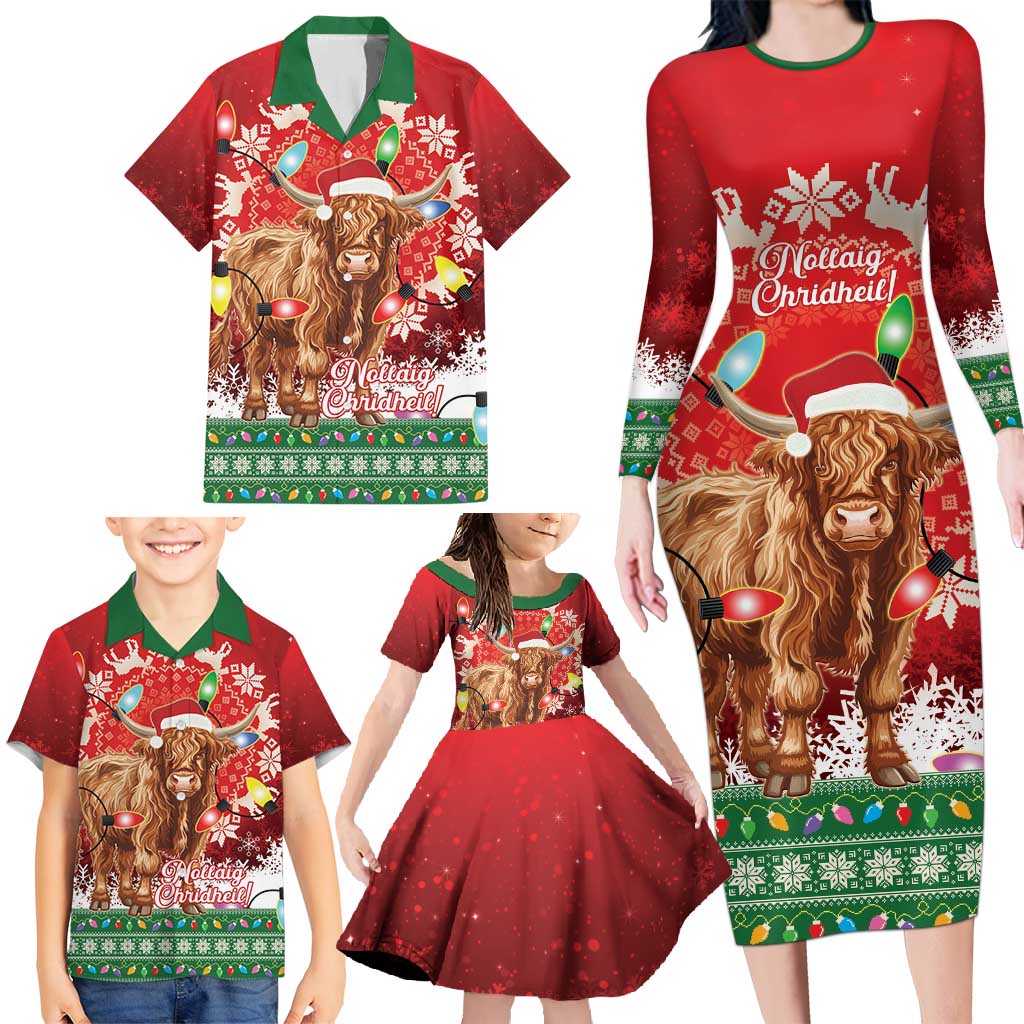 Scotland Christmas Family Matching Long Sleeve Bodycon Dress and Hawaiian Shirt Highland Cow Santa - Nollaig Chridheil! - Wonder Print Shop