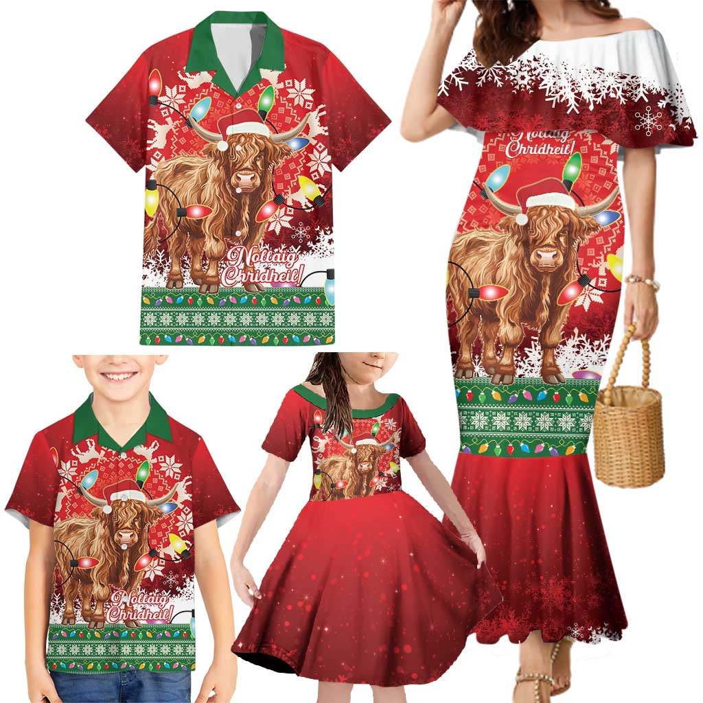 Scotland Christmas Family Matching Mermaid Dress and Hawaiian Shirt Highland Cow Santa - Nollaig Chridheil! - Wonder Print Shop