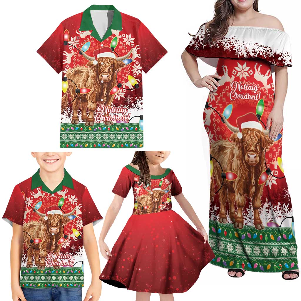 Scotland Christmas Family Matching Off Shoulder Maxi Dress and Hawaiian Shirt Highland Cow Santa - Nollaig Chridheil! - Wonder Print Shop