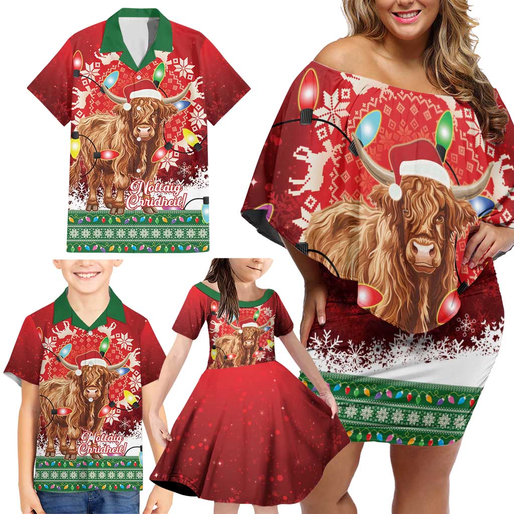 Scotland Christmas Family Matching Off Shoulder Short Dress and Hawaiian Shirt Highland Cow Santa - Nollaig Chridheil! - Wonder Print Shop