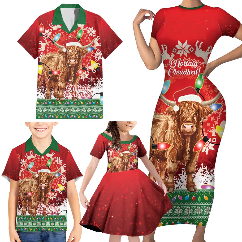 Scotland Christmas Family Matching Short Sleeve Bodycon Dress and Hawaiian Shirt Highland Cow Santa - Nollaig Chridheil! - Wonder Print Shop