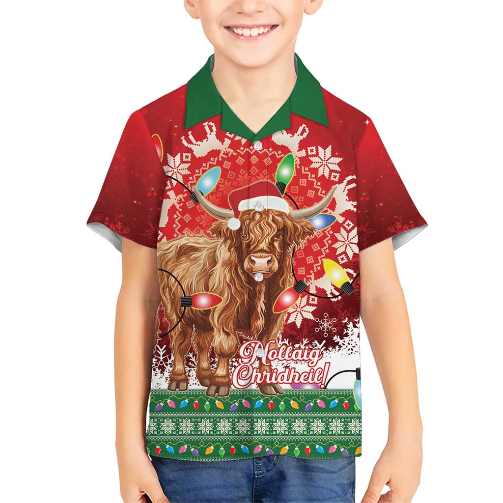 Scotland Christmas Kid Hawaiian Shirt Highland Cow Santa - Nollaig Chridheil! - Wonder Print Shop