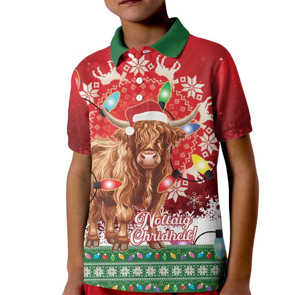 Scotland Christmas Kid Polo Shirt Highland Cow Santa - Nollaig Chridheil! - Wonder Print Shop