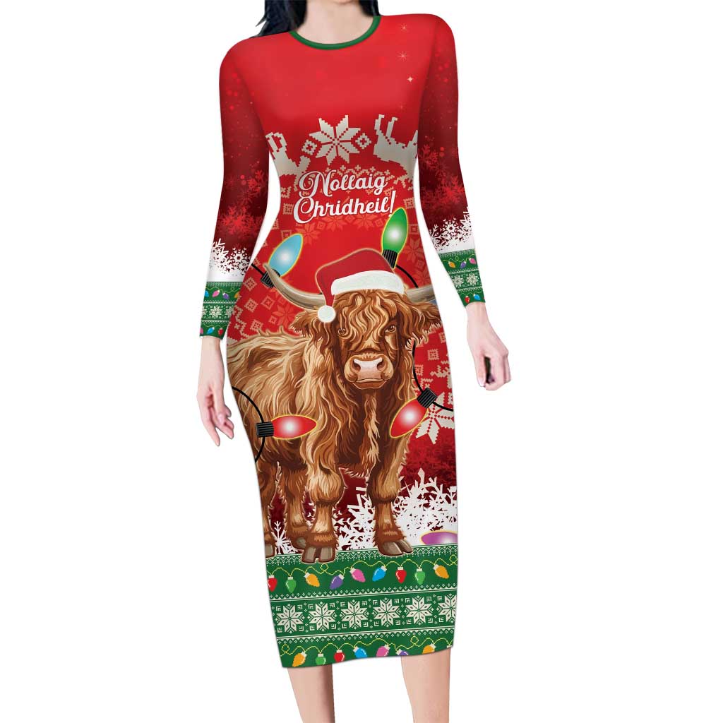 Scotland Christmas Long Sleeve Bodycon Dress Highland Cow Santa - Nollaig Chridheil! - Wonder Print Shop