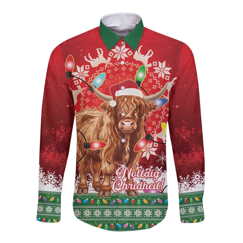 Unisex long sleeve button shirt in red with highland cow Santa graphic, snowflake print