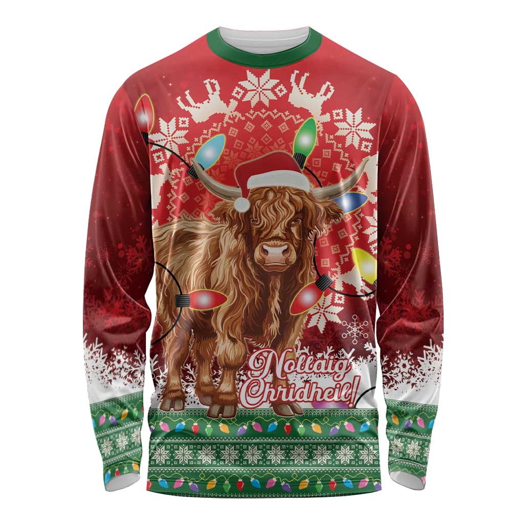 Scotland Christmas Long Sleeve Shirt Highland Cow Santa - Nollaig Chridheil! - Wonder Print Shop