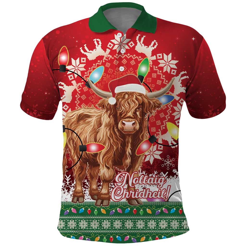 Scotland Christmas Polo Shirt Highland Cow Santa - Nollaig Chridheil! - Wonder Print Shop