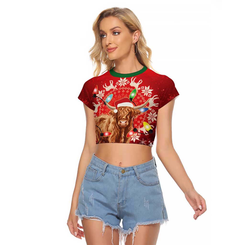 Scotland Christmas Raglan Cropped T Shirt Highland Cow Santa - Nollaig Chridheil!