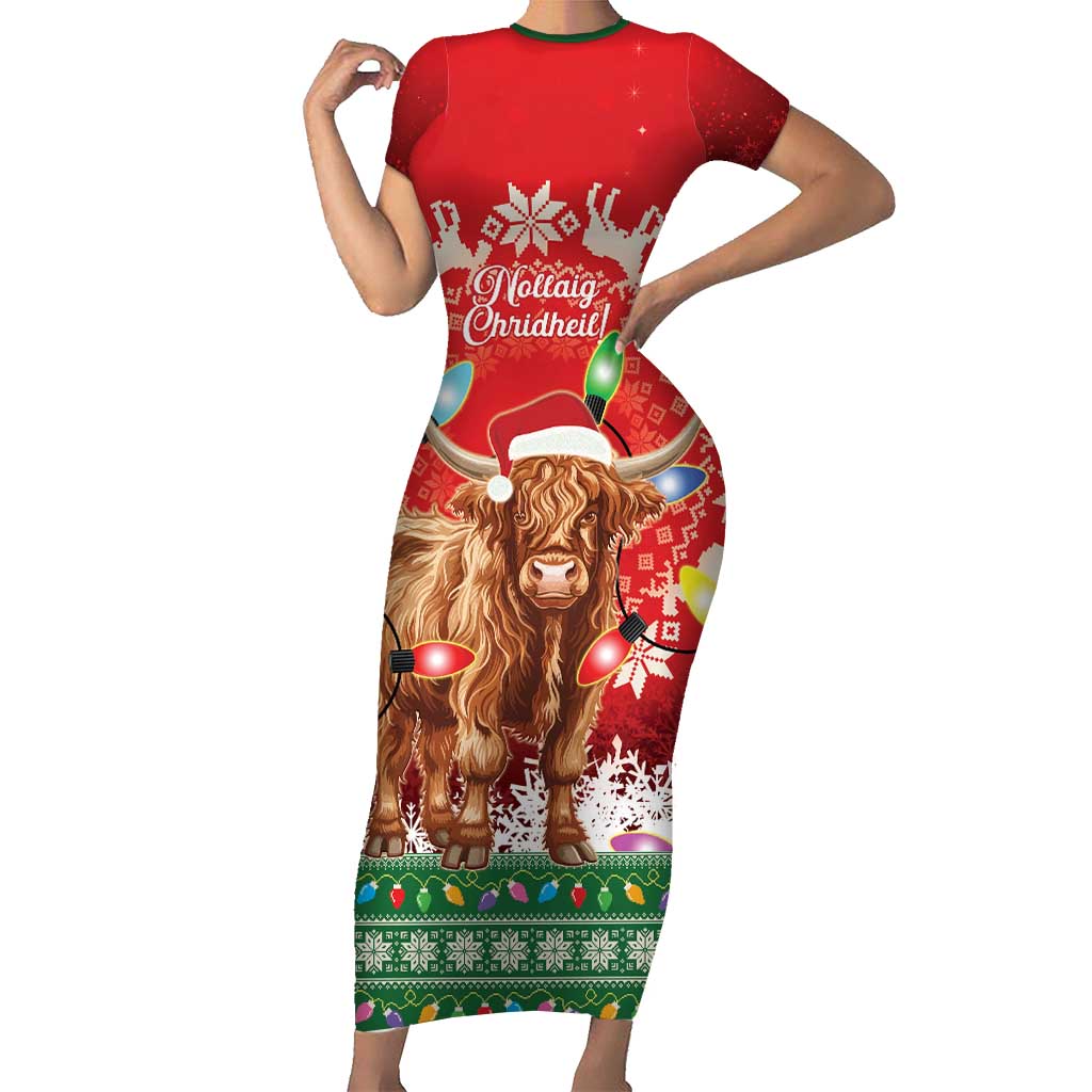 Scotland Christmas Short Sleeve Bodycon Dress Highland Cow Santa - Nollaig Chridheil!