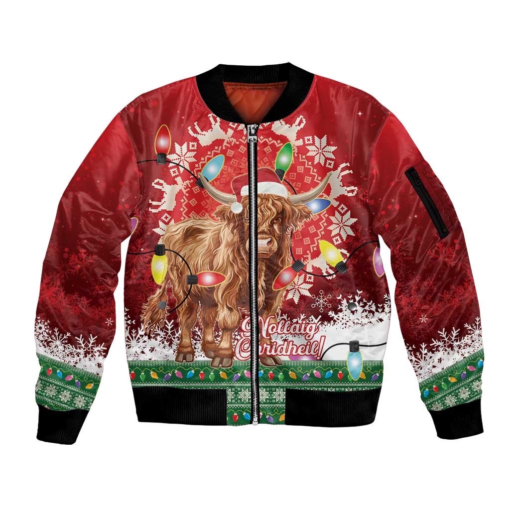 Scotland Christmas Sleeve Zip Bomber Jacket Highland Cow Santa - Nollaig Chridheil!