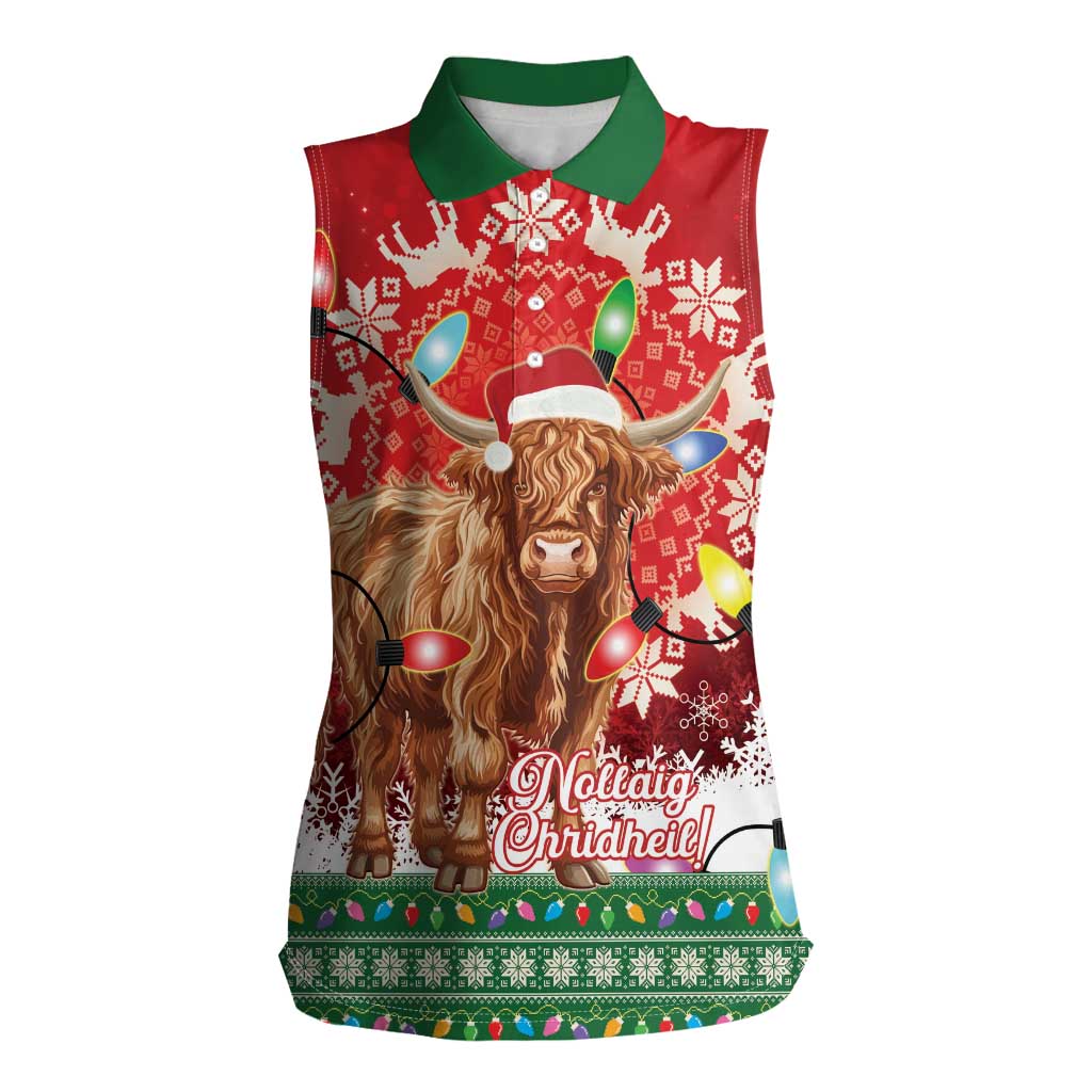 Scotland Christmas Women Sleeveless Polo Shirt Highland Cow Santa - Nollaig Chridheil!