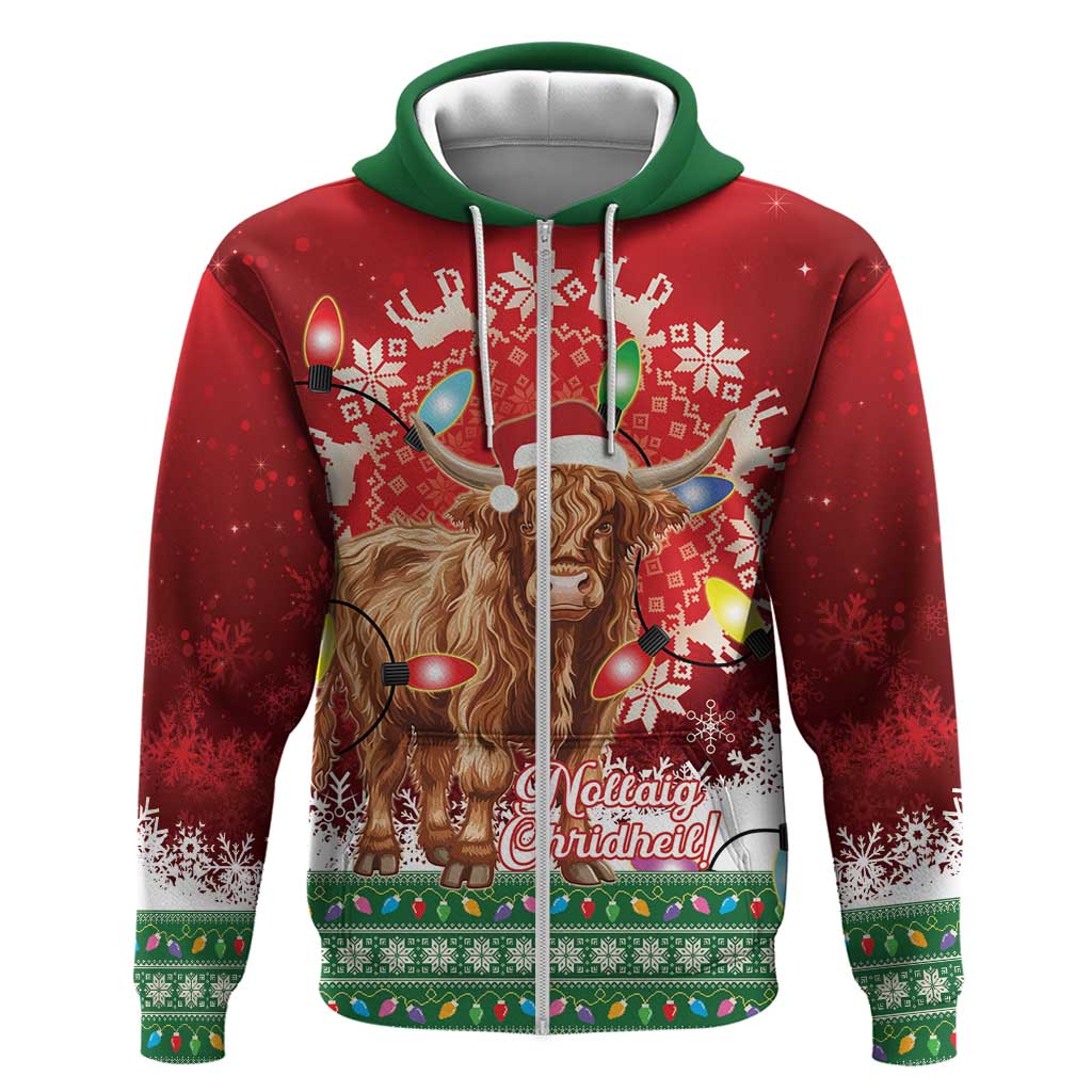 Scotland Christmas Zip Hoodie Highland Cow Santa - Nollaig Chridheil!