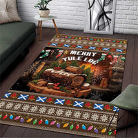 Christmas area rug with “Merry Yule Log” text, log graphic, and colorful border trim