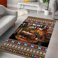 Rectangular Christmas area rug with “Merry Yule Log” lettering, log art, and patterned border