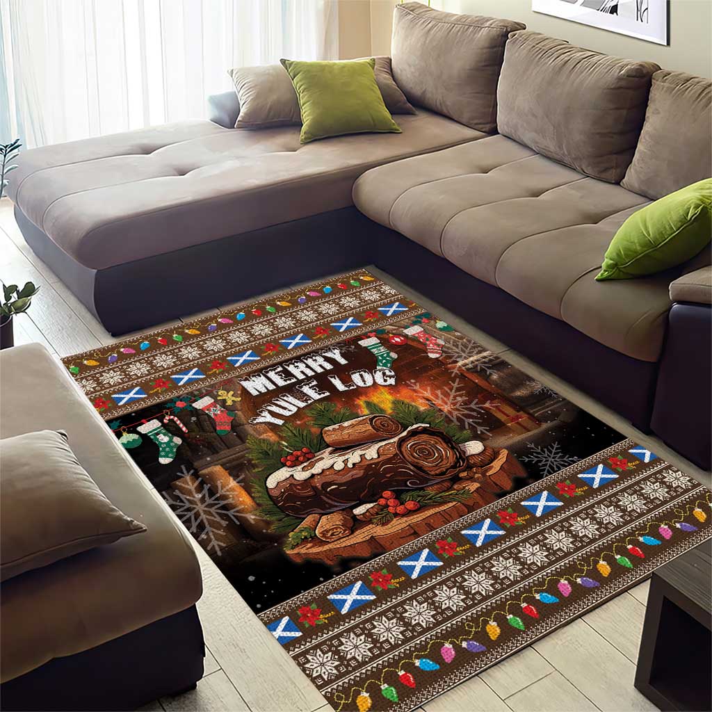 Christmas area rug showing “Merry Yule Log” text, log scene, and festive geometric edge