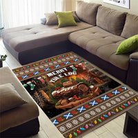Christmas area rug showing “Merry Yule Log” text, log scene, and festive geometric edge