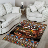 Christmas area rug with “Merry Yule Log” print, log artwork, and colorful trim border