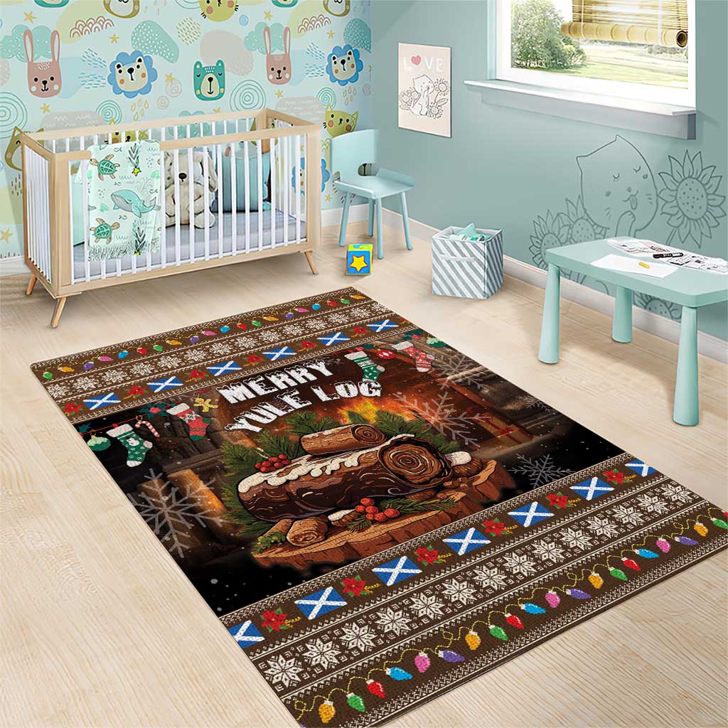 Christmas area rug with “Merry Yule Log” lettering and log graphic, festive colorful border