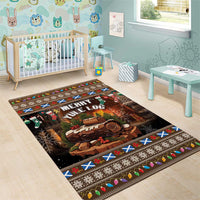 Christmas area rug with “Merry Yule Log” lettering and log graphic, festive colorful border