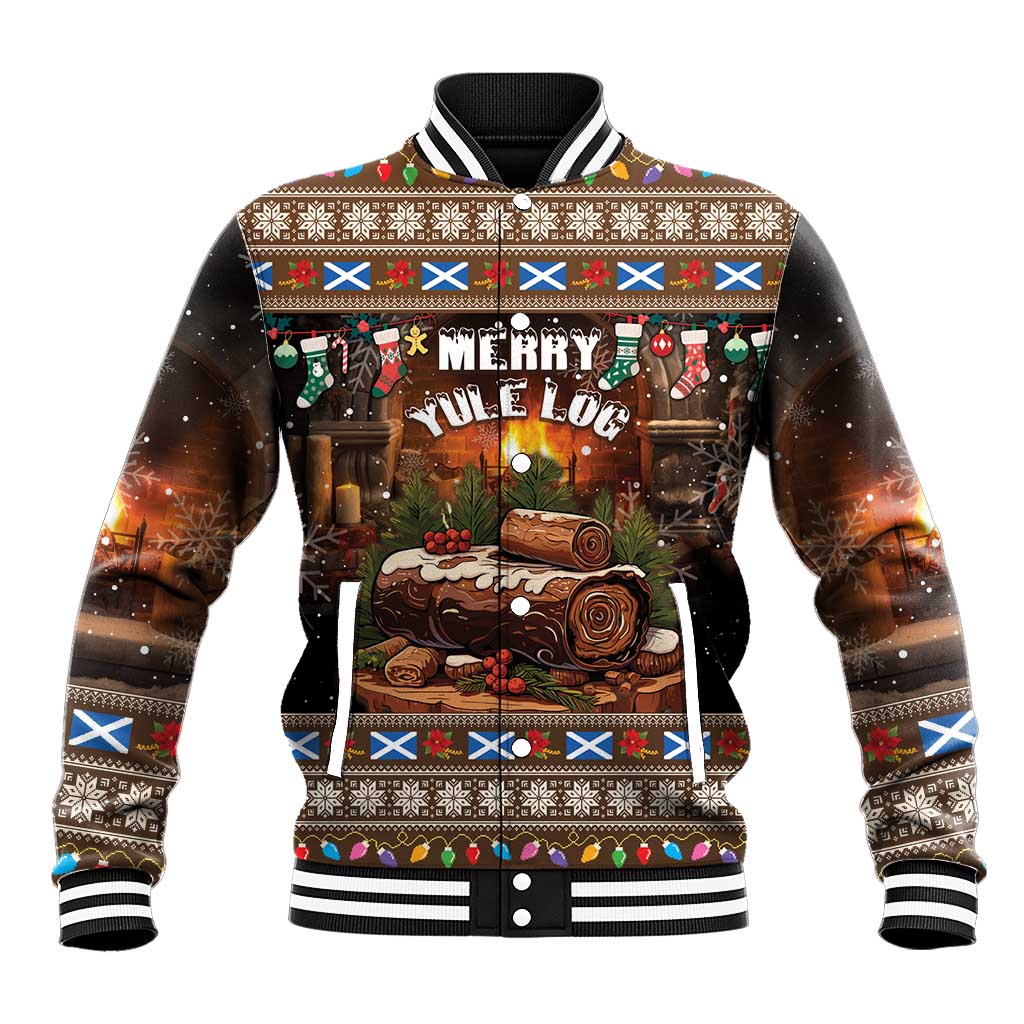 Unisex brown baseball jacket with Merry Yule holiday graphic, ribbed striped collar and cuffs