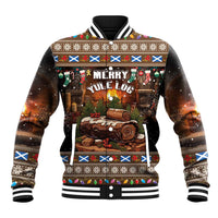 Unisex brown baseball jacket with Merry Yule holiday graphic, ribbed striped collar and cuffs