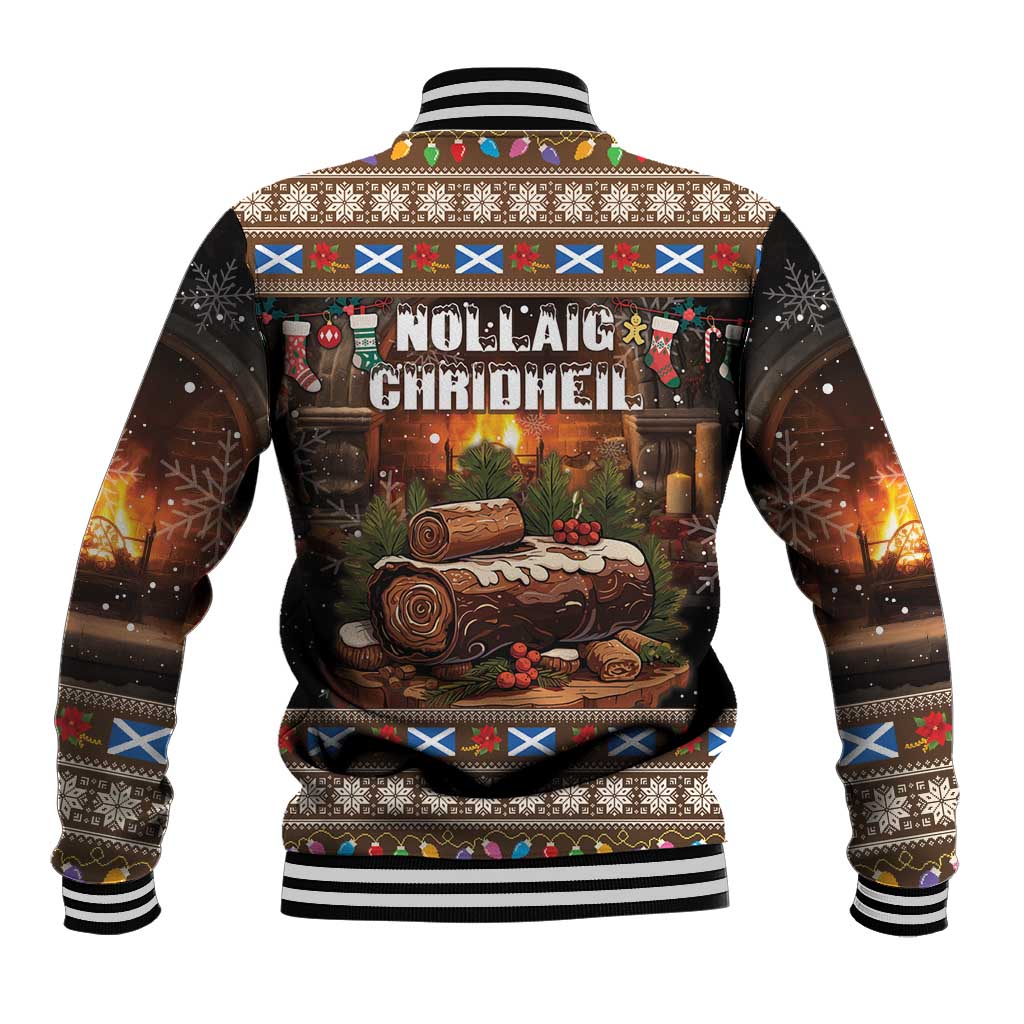 Unisex brown baseball jacket with Christmas themed back graphic, ribbed striped collar and cuffs
