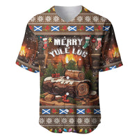 Brown Christmas baseball jersey with 'Merry Yule Log' graphic and festive border